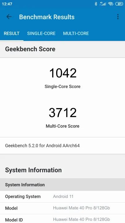 Huawei Mate 40 Pro 8/128Gb Geekbench benchmark score results