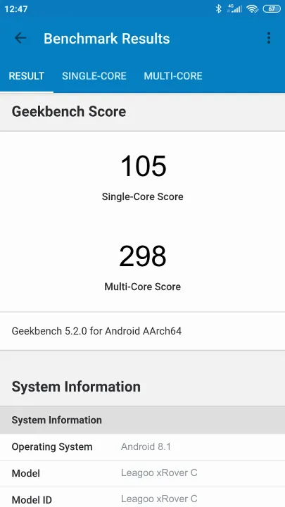 Wyniki testu Leagoo xRover C Geekbench Benchmark