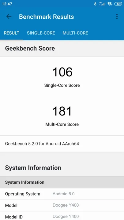 Doogee Y400 Geekbench Benchmark-Ergebnisse