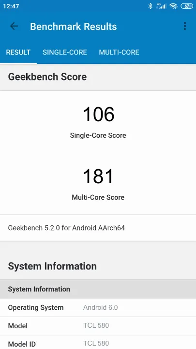 نتائج اختبار TCL 580 Geekbench المعيارية