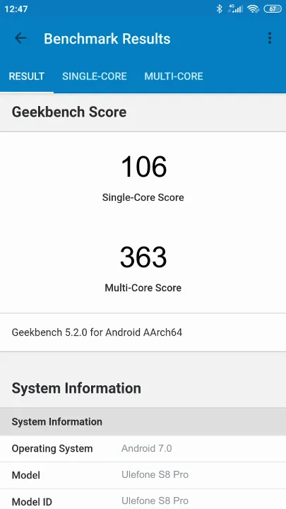 Wyniki testu Ulefone S8 Pro Geekbench Benchmark