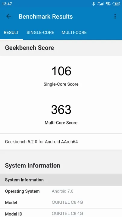 OUKITEL C8 4G Geekbench benchmark score results