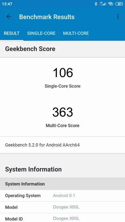 Βαθμολογία Doogee X60L Geekbench Benchmark