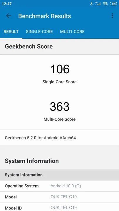 OUKITEL C19 Geekbench benchmark score results