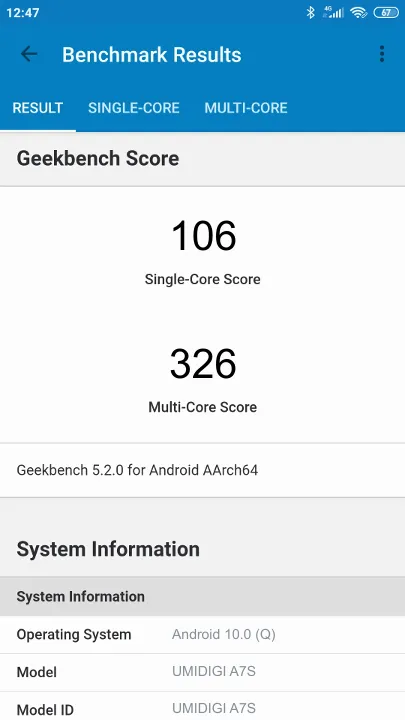 UMIDIGI A7S的Geekbench Benchmark测试得分