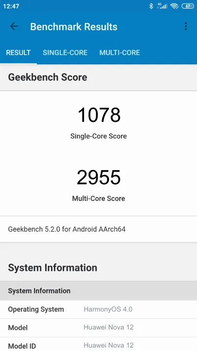 Pontuações do Huawei Nova 12 Geekbench Benchmark