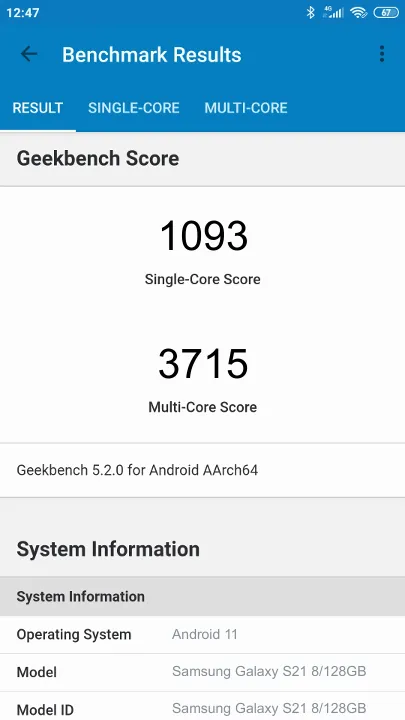 Samsung Galaxy S21 8/128GB的Geekbench Benchmark测试得分
