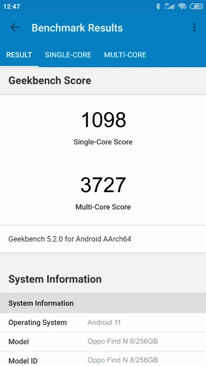 Oppo Find N 8/256GB תוצאות ציון מידוד Geekbench