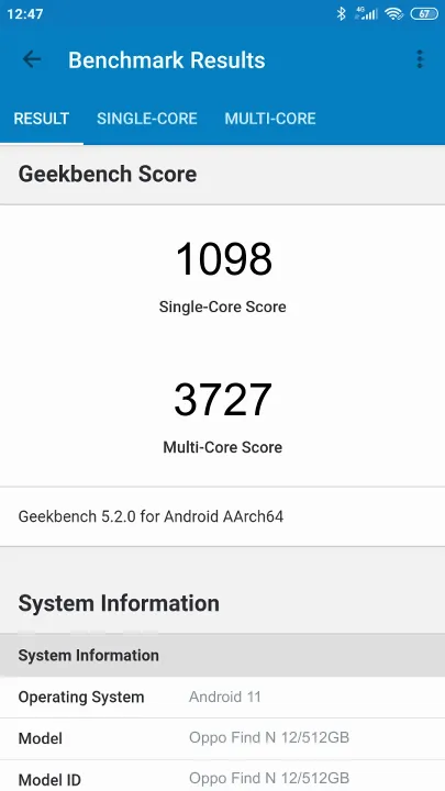Pontuações do Oppo Find N 12/512GB Geekbench Benchmark