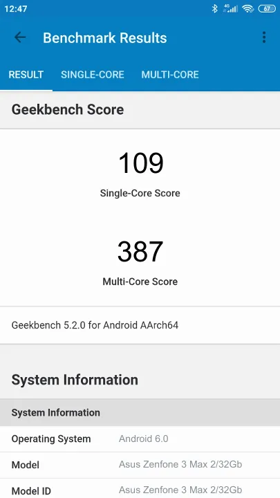 Asus Zenfone 3 Max 2/32Gb Geekbench Benchmark점수