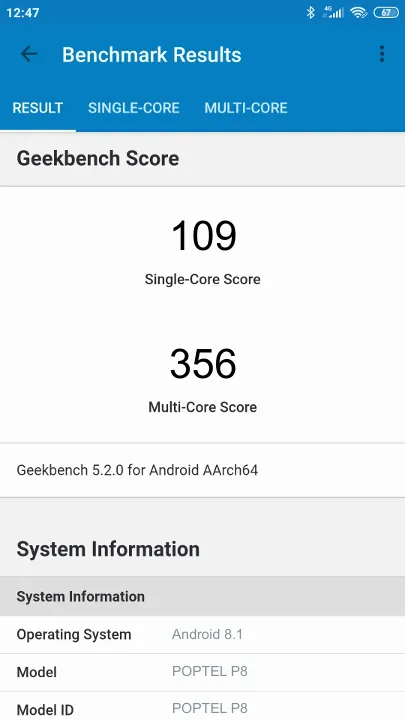 POPTEL P8 Geekbench benchmark score results