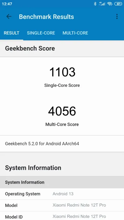 Βαθμολογία Xiaomi Redmi Note 12T Pro Geekbench Benchmark
