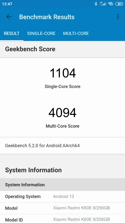 Xiaomi Redmi K60E 8/256GB Geekbench ベンチマークテスト
