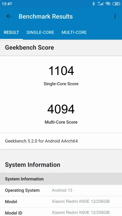 نتائج اختبار Xiaomi Redmi K60E 12/256GB Geekbench المعيارية