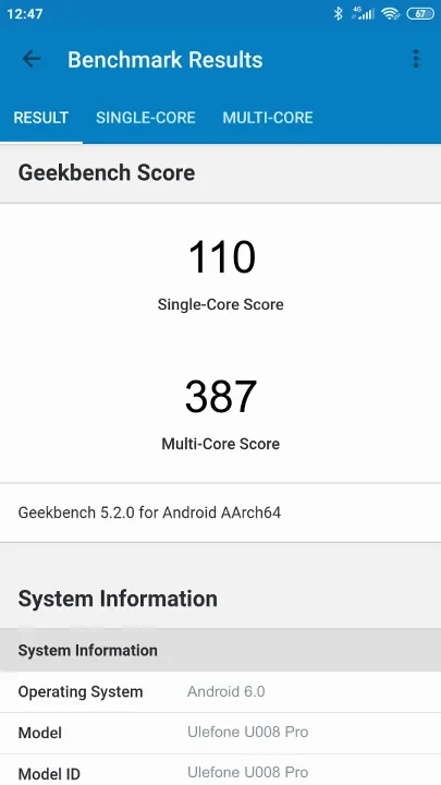 Ulefone U008 Pro Geekbench Benchmark점수