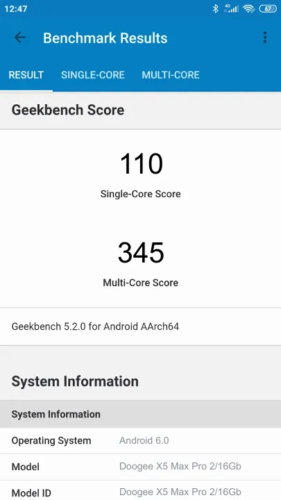 نتائج اختبار Doogee X5 Max Pro 2/16Gb Geekbench المعيارية