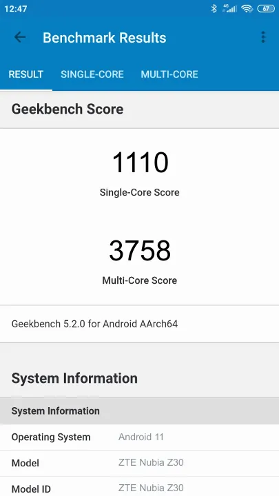 ZTE Nubia Z30 Geekbench benchmark score results