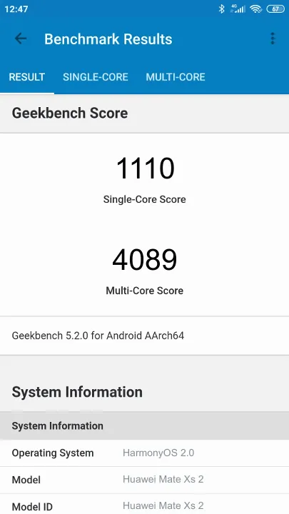 Huawei Mate Xs 2 8/512GB Global Version Geekbench benchmark score results