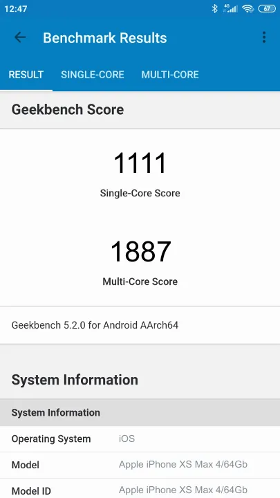 Wyniki testu Apple iPhone XS Max 4/64Gb Geekbench Benchmark