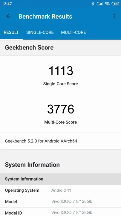 Vivo IQOO 7 8/128Gb Geekbench benchmark: classement et résultats scores de tests