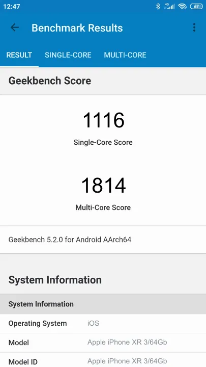 Pontuações do Apple iPhone XR 3/64Gb Geekbench Benchmark