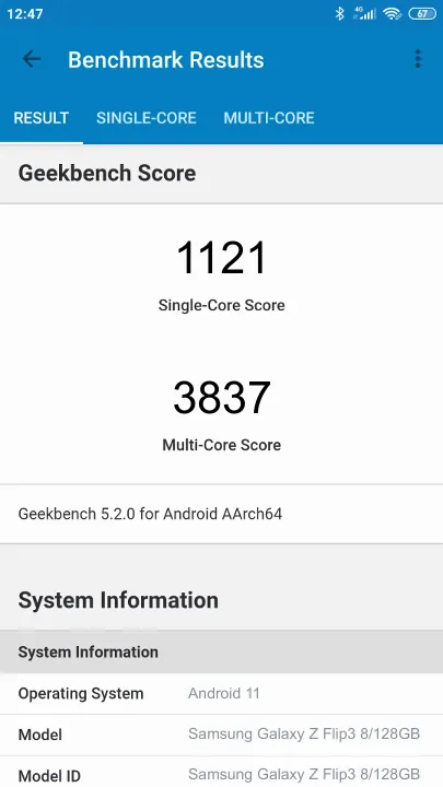 Test Samsung Galaxy Z Flip3 8/128GB Geekbench Benchmark