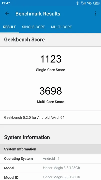 Honor Magic 3 8/128Gb的Geekbench Benchmark测试得分
