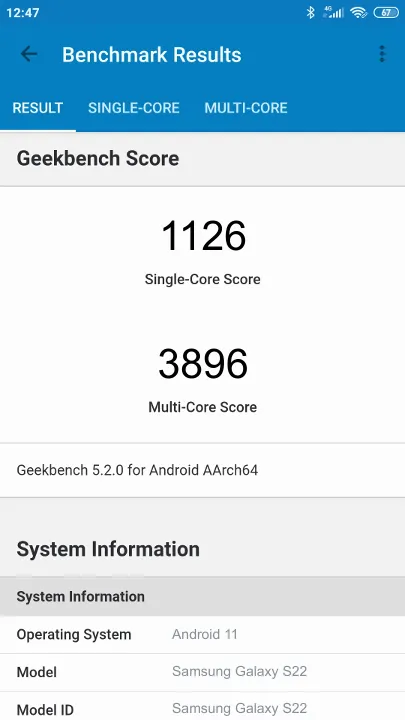 Wyniki testu Samsung Galaxy S22 Geekbench Benchmark