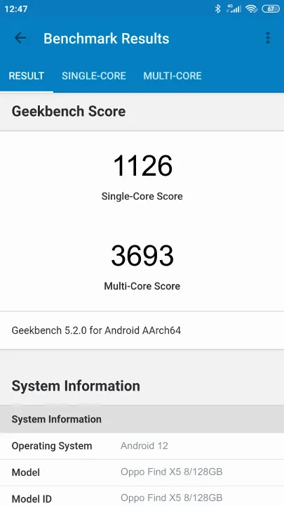 Oppo Find X5 8/128GB Geekbench Benchmark점수