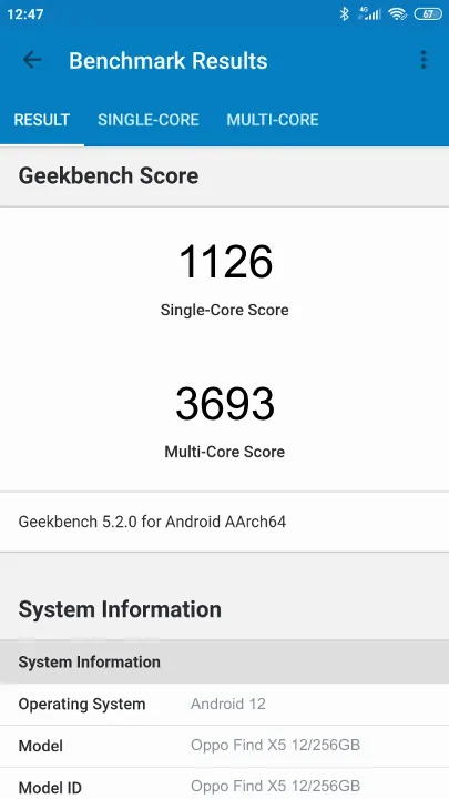 Oppo Find X5 12/256GB Geekbench benchmark score results
