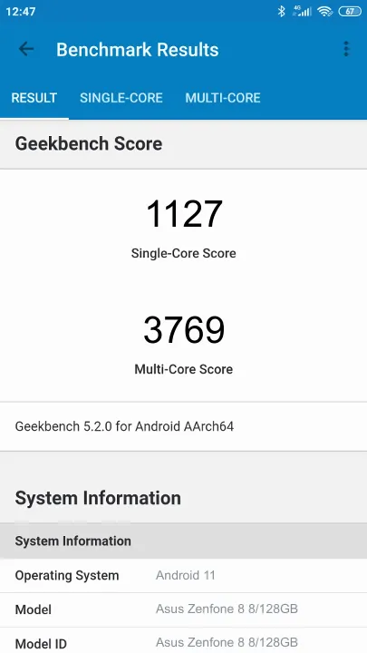 Wyniki testu Asus Zenfone 8 8/128GB Geekbench Benchmark