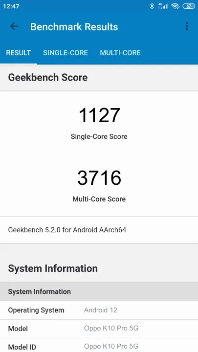 Wyniki testu Oppo K10 Pro 5G 8/128GB Geekbench Benchmark