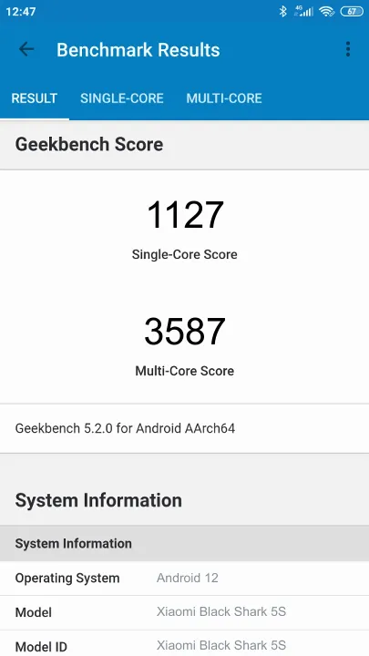 Pontuações do Xiaomi Black Shark 5S Geekbench Benchmark