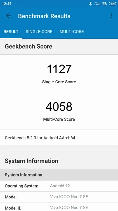 Vivo IQOO Neo 7 SE 8/128GB的Geekbench Benchmark测试得分