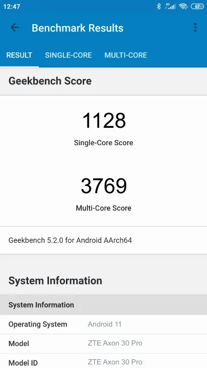 ZTE Axon 30 Pro的Geekbench Benchmark测试得分