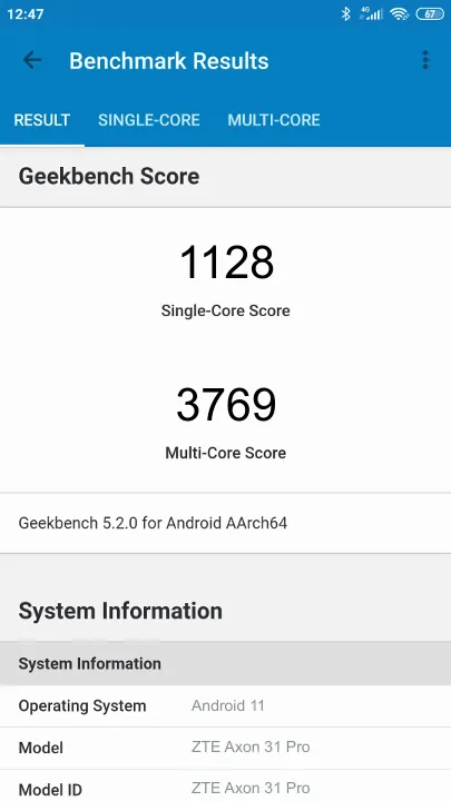 ZTE Axon 31 Pro Geekbench benchmark score results