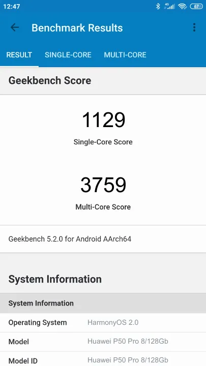 Huawei P50 Pro 8/128Gb תוצאות ציון מידוד Geekbench