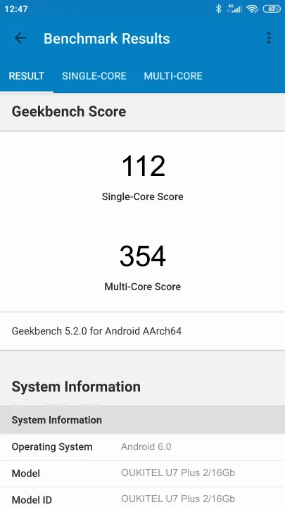Wyniki testu OUKITEL U7 Plus 2/16Gb Geekbench Benchmark