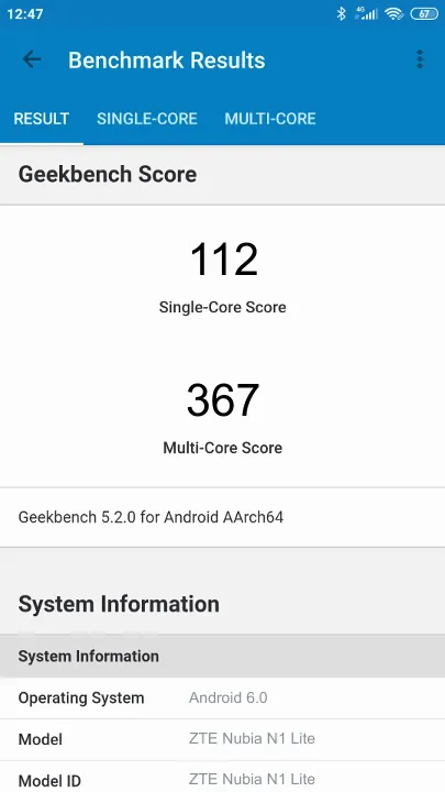 ZTE Nubia N1 Lite Geekbench benchmark score results