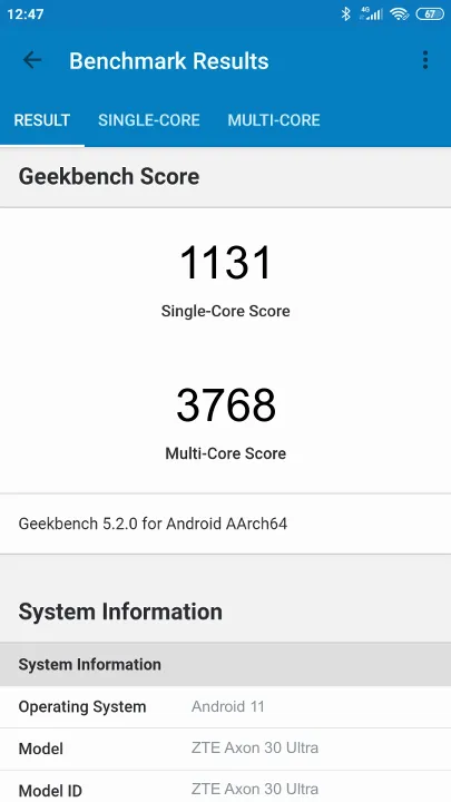 ZTE Axon 30 Ultra Geekbench benchmark score results
