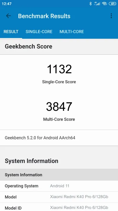 Pontuações do Xiaomi Redmi K40 Pro 6/128Gb Geekbench Benchmark