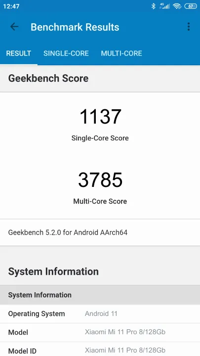 Wyniki testu Xiaomi Mi 11 Pro 8/128Gb Geekbench Benchmark