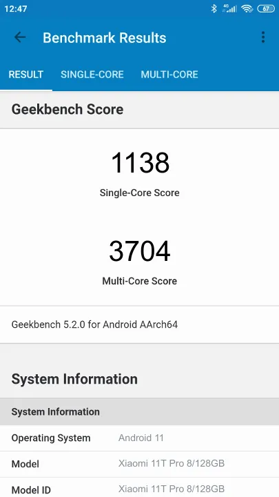 Pontuações do Xiaomi 11T Pro 8/128GB Geekbench Benchmark