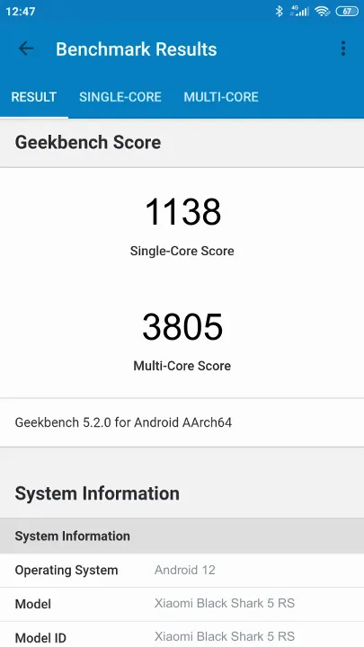 Punteggi Xiaomi Black Shark 5 RS Geekbench Benchmark