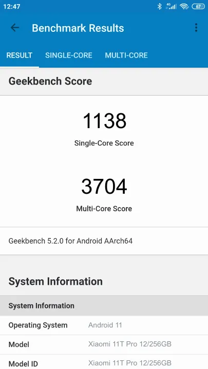 Xiaomi 11T Pro 12/256GB Geekbench benchmark score results