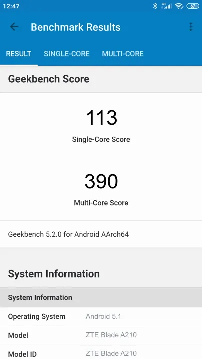 ZTE Blade A210 Geekbench benchmark: classement et résultats scores de tests