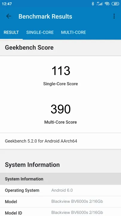 Blackview BV6000s 2/16Gb Geekbench benchmarkresultat-poäng