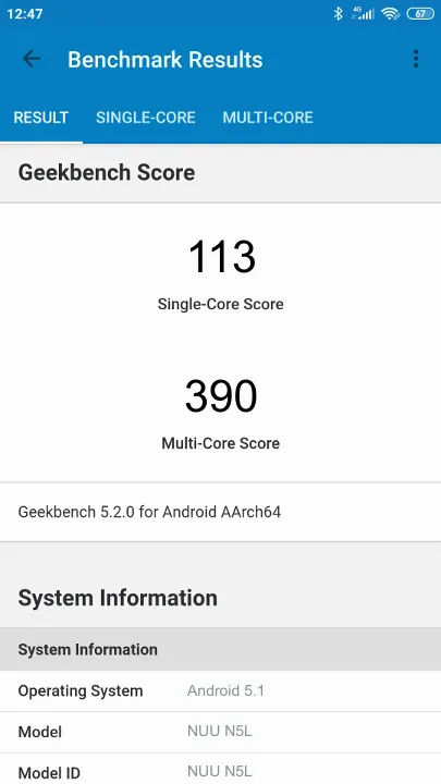 NUU N5L Geekbench benchmarkresultat-poäng
