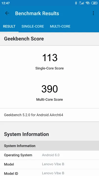 Βαθμολογία Lenovo Vibe B Geekbench Benchmark