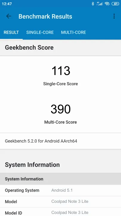 Coolpad Note 3 Lite Geekbench Benchmark-Ergebnisse